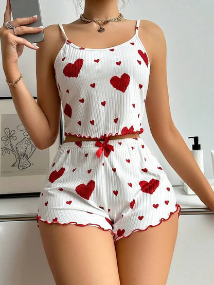 2 Pcs Women's Pajamas Set,Casual Sleepwear Printed Shorts Tank Tops And Shorts White Ventilate Soft Casual Love Printing Suits