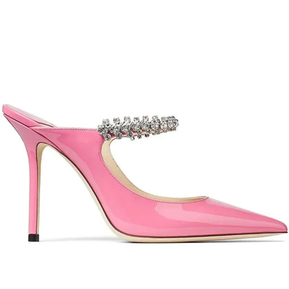 2025 New Fashionable Fine Heeled Muller Shoes with Pointed Water Diamond Chain Banquet Shallow Mouth Women's High Heel Sandals