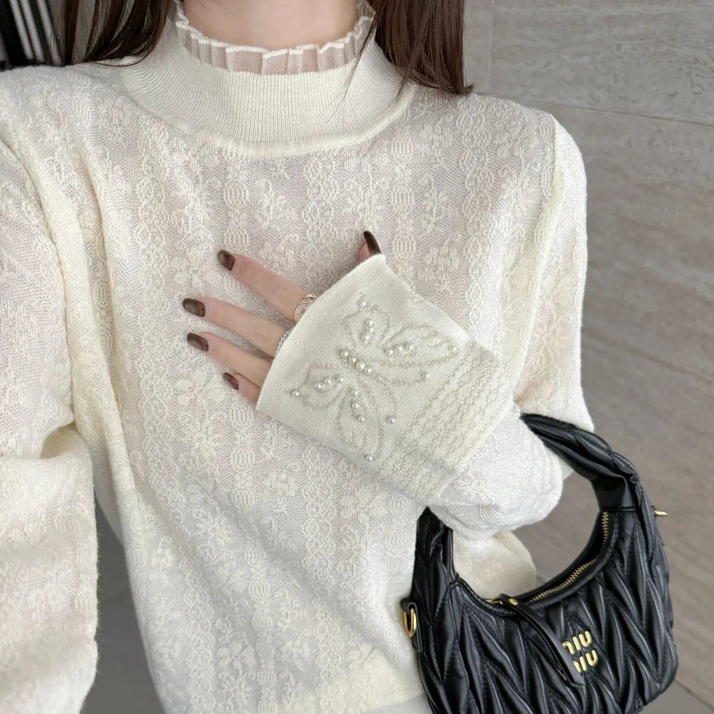 Women Clothes Autumn Winter Fashion Simplicity Lace Patchwork Knitting Half High Collar Female Solid Color Temperament Bottoming