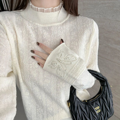 Women Clothes Autumn Winter Fashion Simplicity Lace Patchwork Knitting Half High Collar Female Solid Color Temperament Bottoming