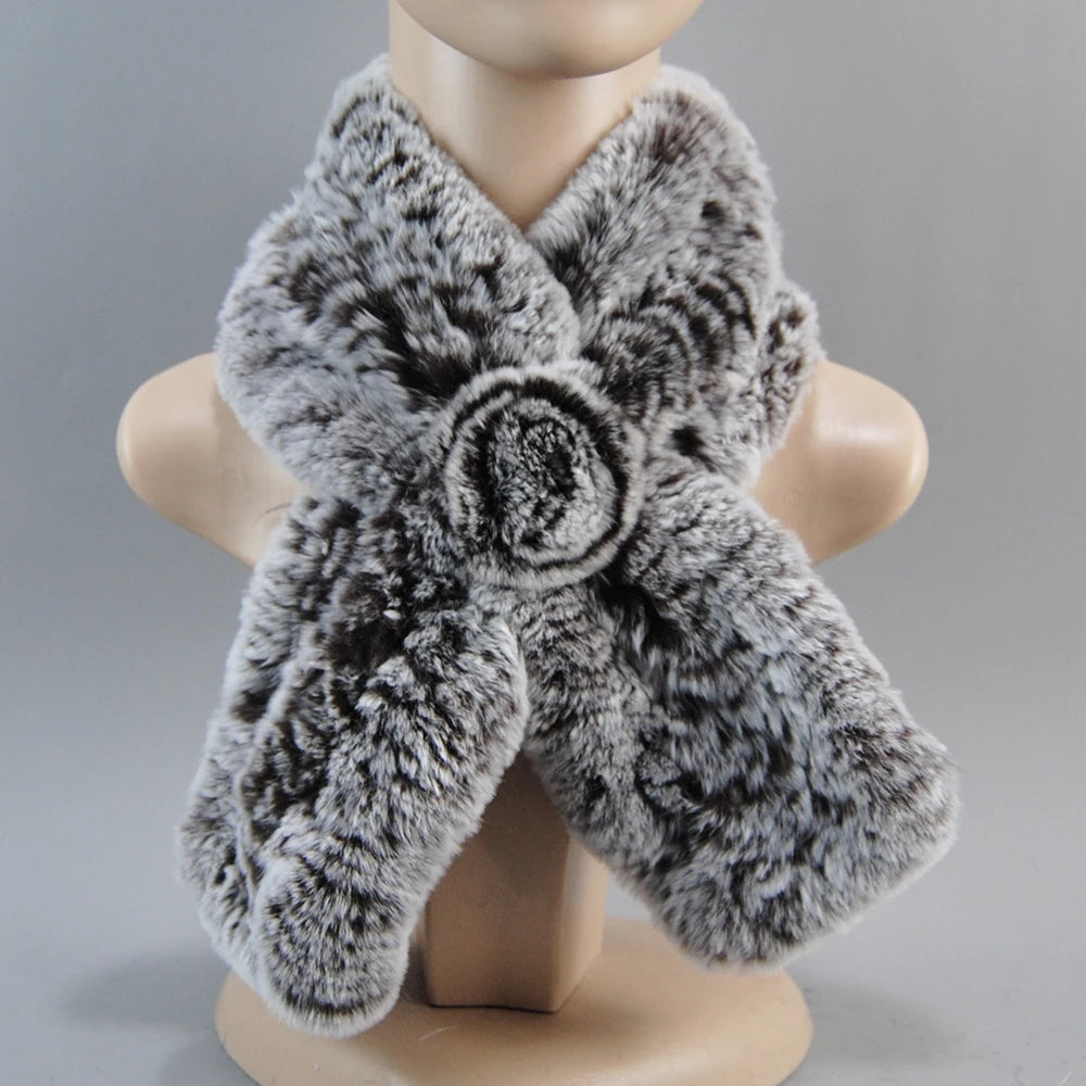 Hot Russian Women Knit Real Rex Rabbit Fur Scarf Lady Fashion Floral Rex Rabbit Fur Mufflers Hot Winter Warm Natural Fur Scarves