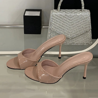 Liyke White Patent Leather Women Slippers Sandals Fashion Round Open Toe Thin High Heels Mules Slides Summer Party Dress Shoes