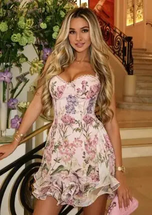 Pink Printed Women's Dress Fashion Wide Shoulder Straps And Pleated Hem Cinched Waist Vestido 2026 Lady Party Vacation Gowns