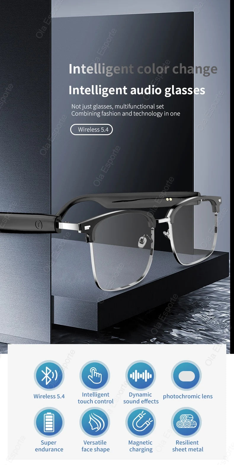 Ola Esporte Bluetooth Smart Glasses Automatic Adjustment AI Voice Music Eyewear Waterproof Call Eyeglass For Anti-blue Light New