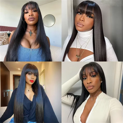 Bone Straight Human Hair Wig With Bangs Fringe Brazilian 3x1 HD Lace Frontal Wigs For Black Women 220% Density 34Inch