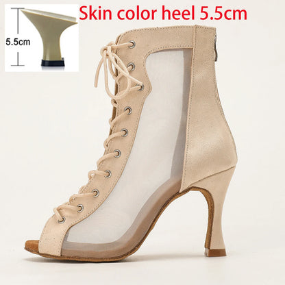 Profession Latin Dance Shoes Woman Suede Mesh Ventilation Ballroom Salsa Boots for Girls Soft Bottom Practice Jazz Latin Boots
