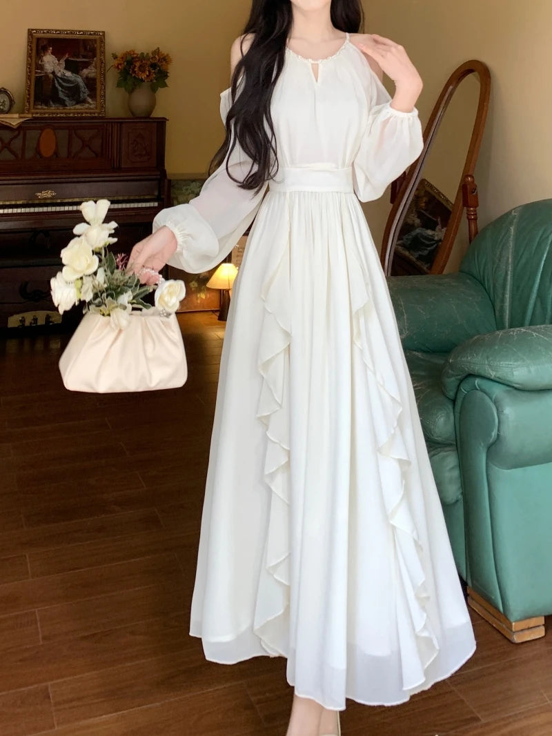 Off Shoulder Dresses for Women Long Sleeve Thin Spring Summer A-line Elegant Ins Girls Casual Solid Minimalist Fitness Beauty