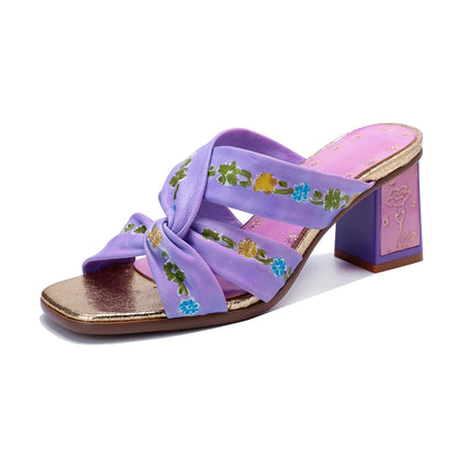 Purple Handmade Woman Slippers Luxury Party Banquet Shoes 6.5CM High Heels Summer Fashion Slide Lady Square Toe Bohemian Sandals