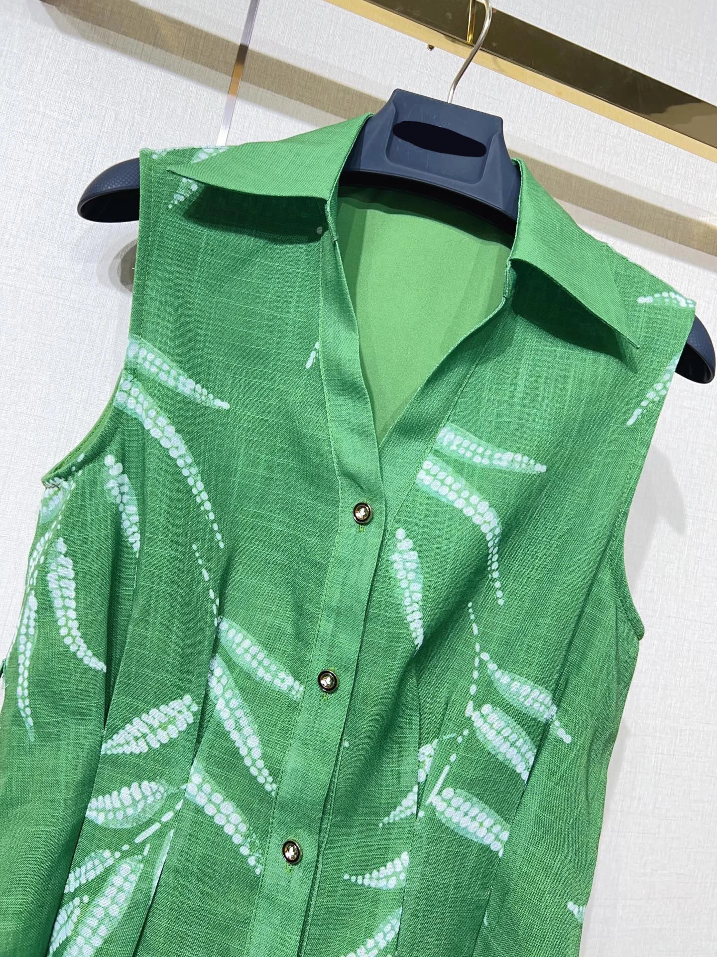 ZJYT New Summer Women's Sleeveless Green Dress Elegant Print Single Breasted Casual Holiday Midi Dresses Vestidos Female Clothes