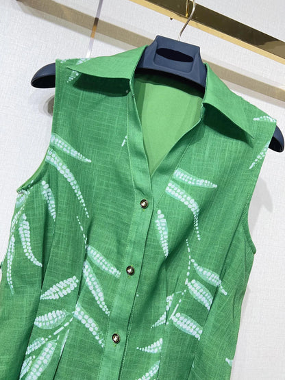 ZJYT New Summer Women's Sleeveless Green Dress Elegant Print Single Breasted Casual Holiday Midi Dresses Vestidos Female Clothes