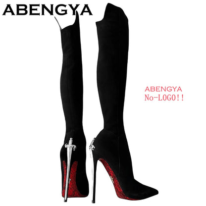 2025 Autumn Winter Fashion Pointy Toe Thin High Heels Long Boots Women Suede Leather Knee-High Boot Sexy Slim Knight Botas Mujer