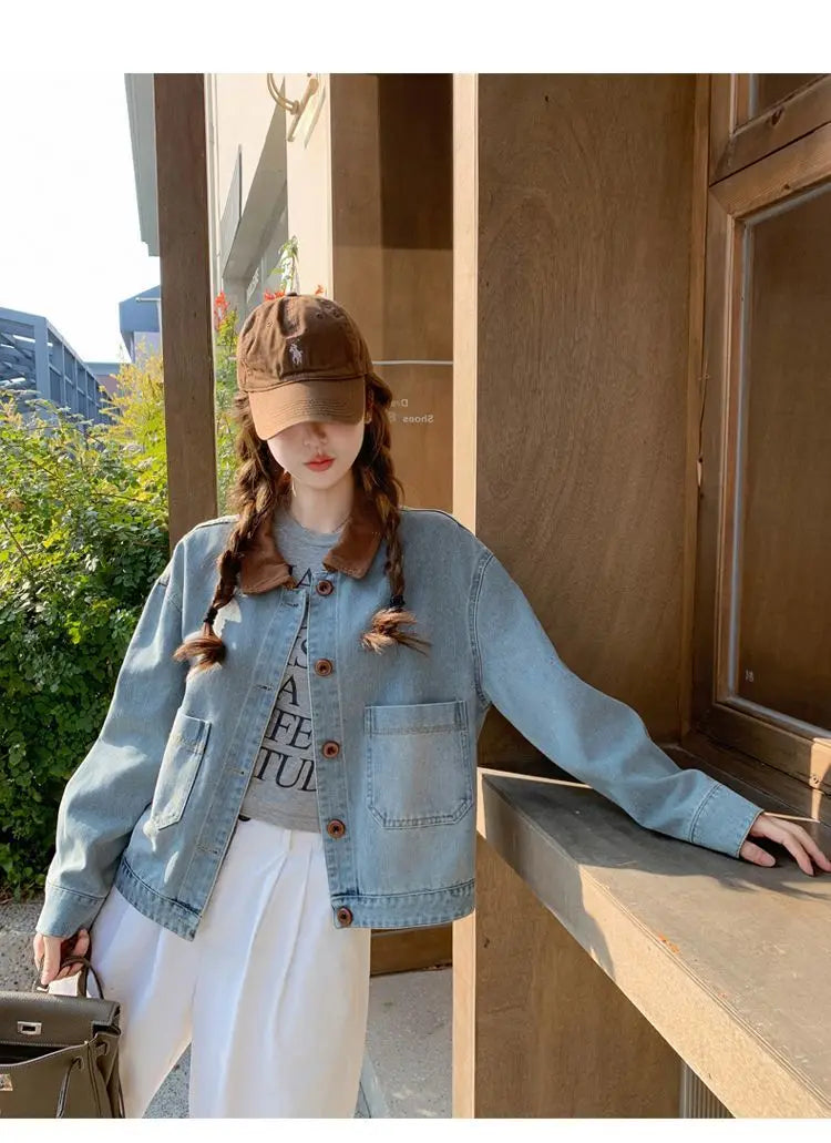 Women Clothing Autumn Fashion Korean Button Color Blocking Polo Collar Female All-match Fashionable Pocket Appear Thin Cardigan