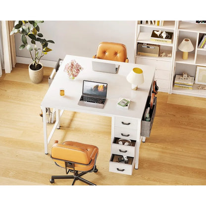 32-inch mini computer desk with 4 fabric drawers, storage space, side hooks and a cloth bag; children's desk, white.