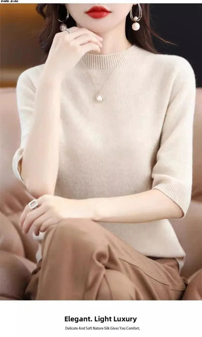 2026 New Soft Short Sleeve Women's Half High Neck Overhead Wool Blend Simple Loose Thin Seven Sleeve Woolen Sweater