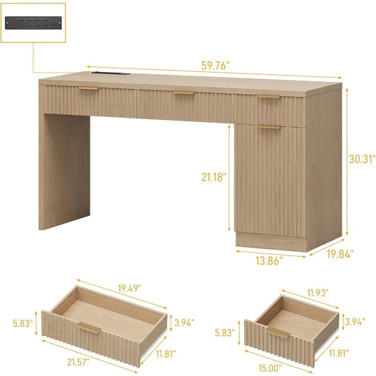 60 Executive Desk with Fluted Drawers Wood Home Office Desk with Storage Cabinet Charging Station Fluted Computer Writing Desk