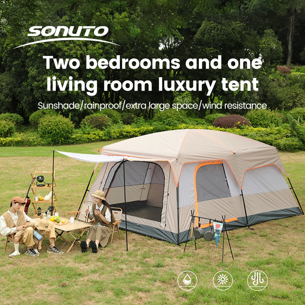 330x210x185cm Person 2 Room Family Tent Large Double Layer Camping Tent with Sun Mosquito Protection Waterproof Privacy Shelter