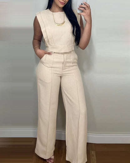 2026 Casual Solid Color Commuting Suit Spring And Summer New Fashion Sleeveless Loose Top With Straight Trousers Two-piece Set