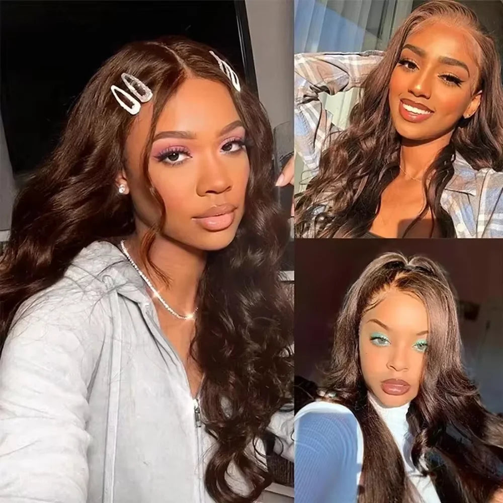 OKVOKV Chocolate Brown Color Body Wave 13x4 Transparent Lace Front Wigs 250% Density 30 32 Inch Human Hair Pre Plucked With Baby Hair For Women Body Wave HD Lace Front Wigs