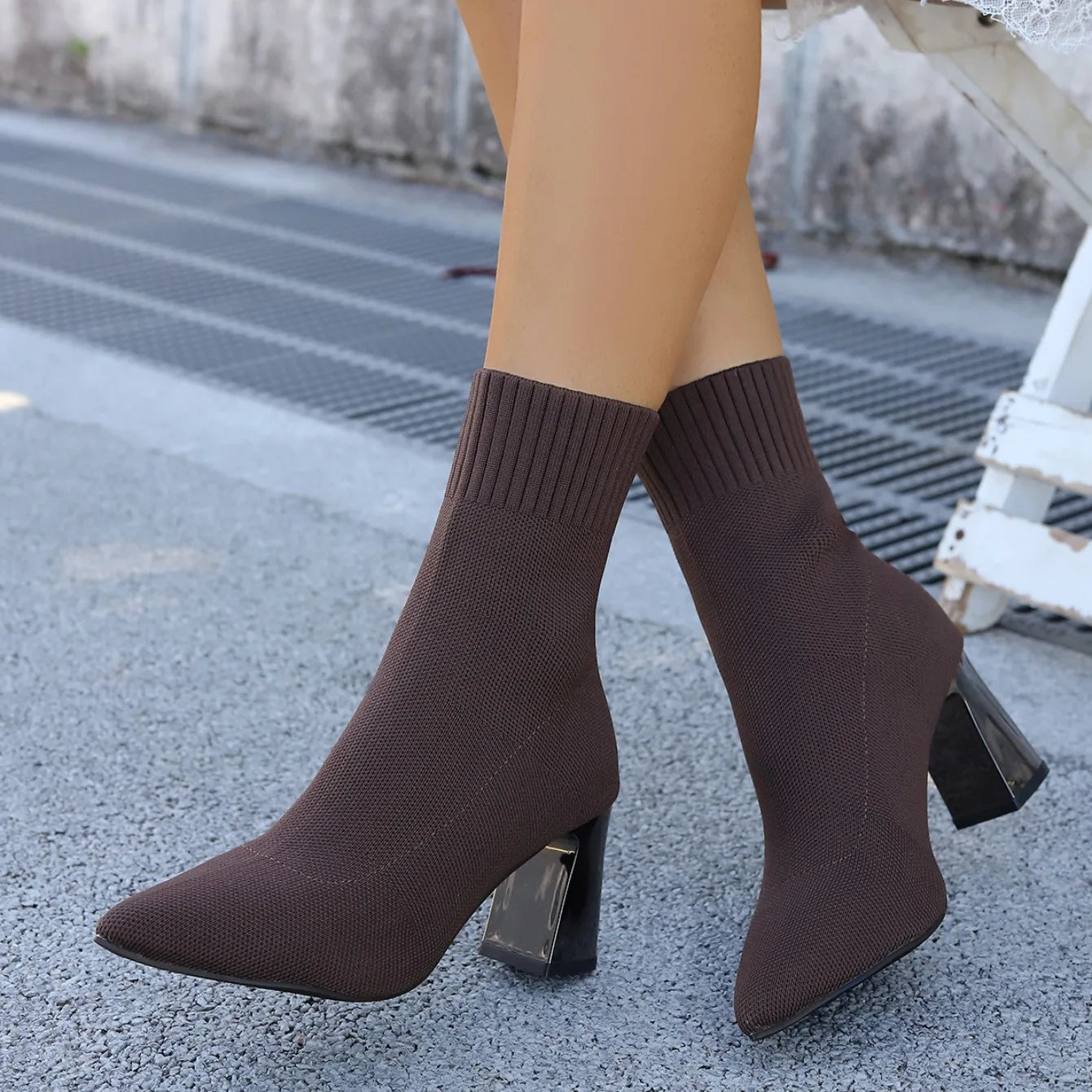 Women Fashion Ankle Boots Autumn Pointy Solid Color Stretch Knitted Sock Boots Women Chunky Slip on Plus-size Shoes for Women
