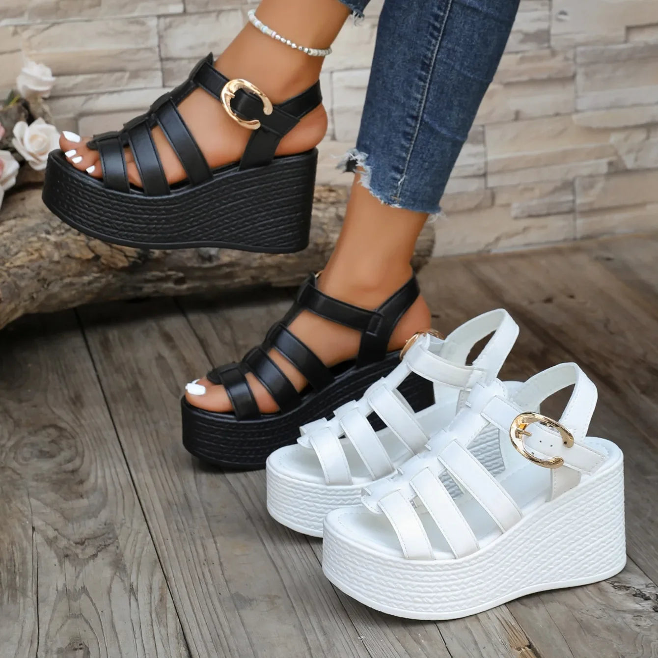 Summer Ankle Buckle Women Wedge Sandals Patchwork Platform Sandals Breathable Comfort Non-slip Soft Sole Gladiator Shoes Women