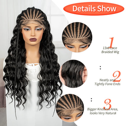 28inch 13x6 Transparent Lace Front Natural Deep Wave Hair Wigs with Cornrow Braids Synthetic Curly Brazilian Hair Wig for Women