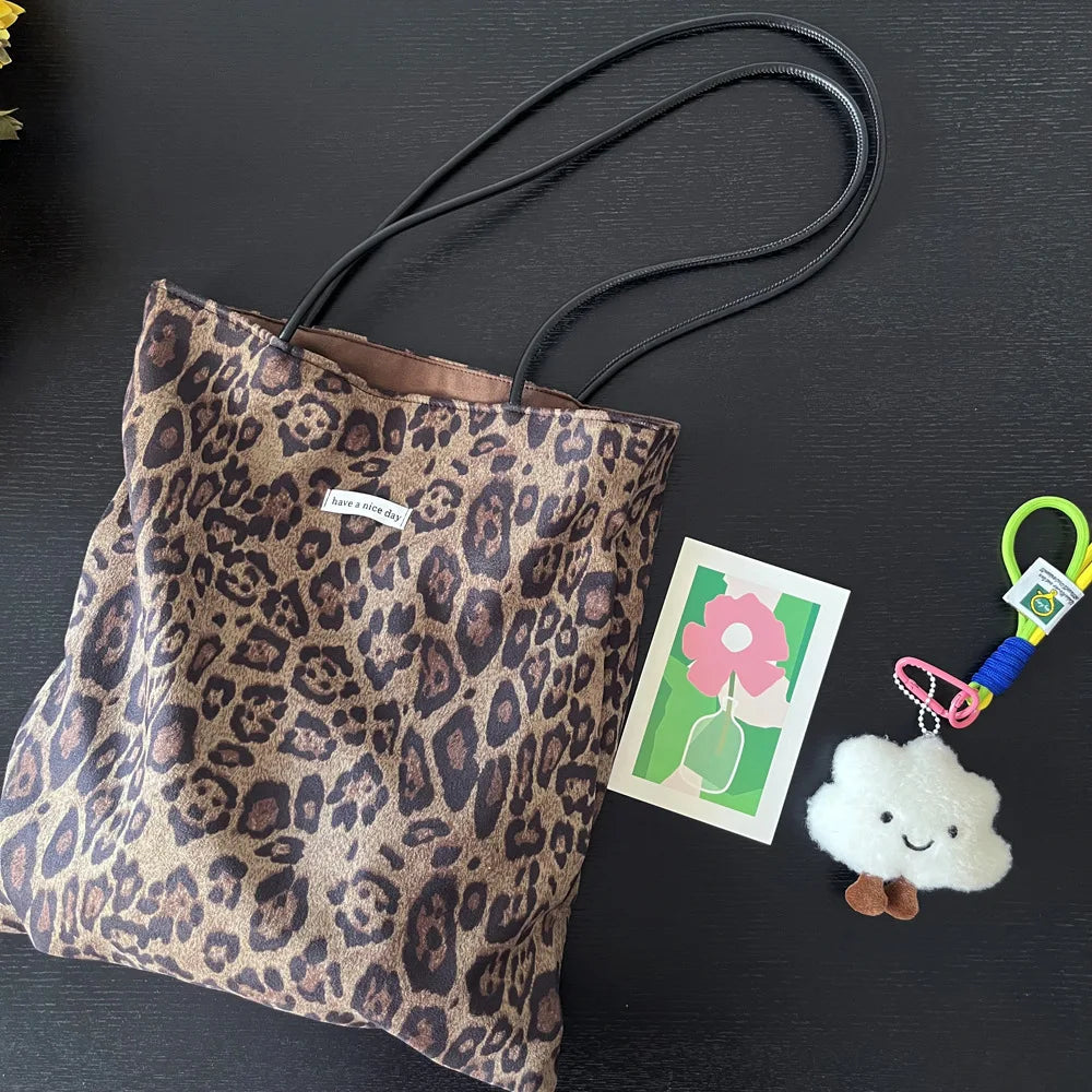 Vintage Faux Suede Women's Leopard Shoulder Bags PU Strap Double Side Female Purse Handbags Fall Winte Canvas Tote Underarm Bag