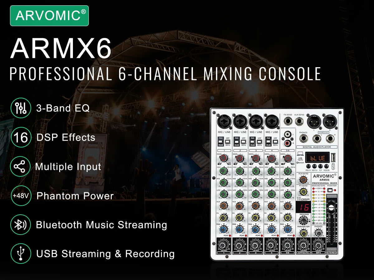 6-Channel Audio Mixer, DJ Mixer with USB Audio Interface, Bluetooth Function, 16 DSP Effects, and 3-Band EQ (ARMX-6)