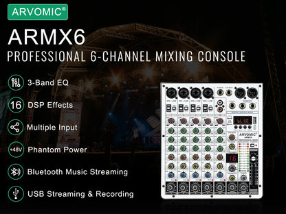 6-Channel Audio Mixer, DJ Mixer with USB Audio Interface, Bluetooth Function, 16 DSP Effects, and 3-Band EQ (ARMX-6)