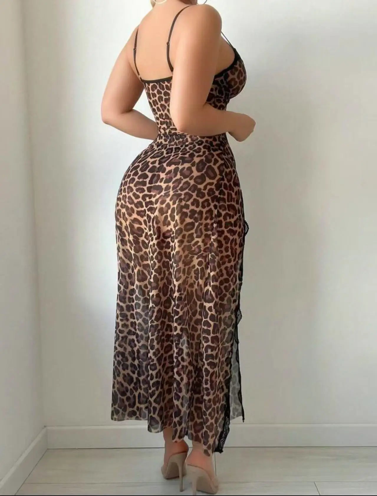 Sexy Adult Lingerie Female V-Neck Nightdress See ThroughHigh Split Pajama Dress Leopard Print Sleepwear Lace TrimEvening Dress