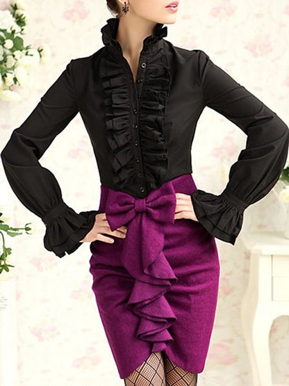 US Women Solid Lady Shirt Frilly Ruffle shirt Tops Flounce Casual Blouse Clothes Shirts