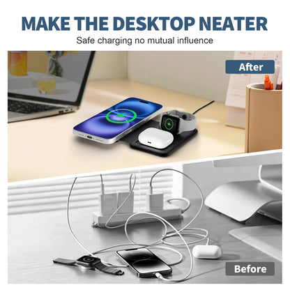 15W Magnetic 3 in 1 Wireless Charger Station Foldable Fast Charging  Type-C For iPhone 17 16 15 14 Xiaomi SAMSUNG iWatch AirPods