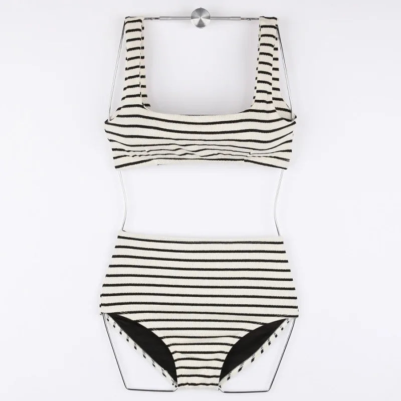 Korean Style Summer Stripe Women High Waisted Swimwear Female Push Up Swimsuit 2024 Swimming Bathing Suit Bikini Set Beach Wear