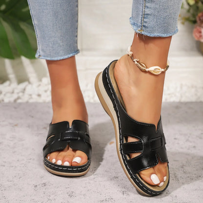 Women Wedge Slippers Vintage Anti-Slip Leather Slippers Premium Orthopedic Sandals Casual Platform Retro Shoes Home Slides Women