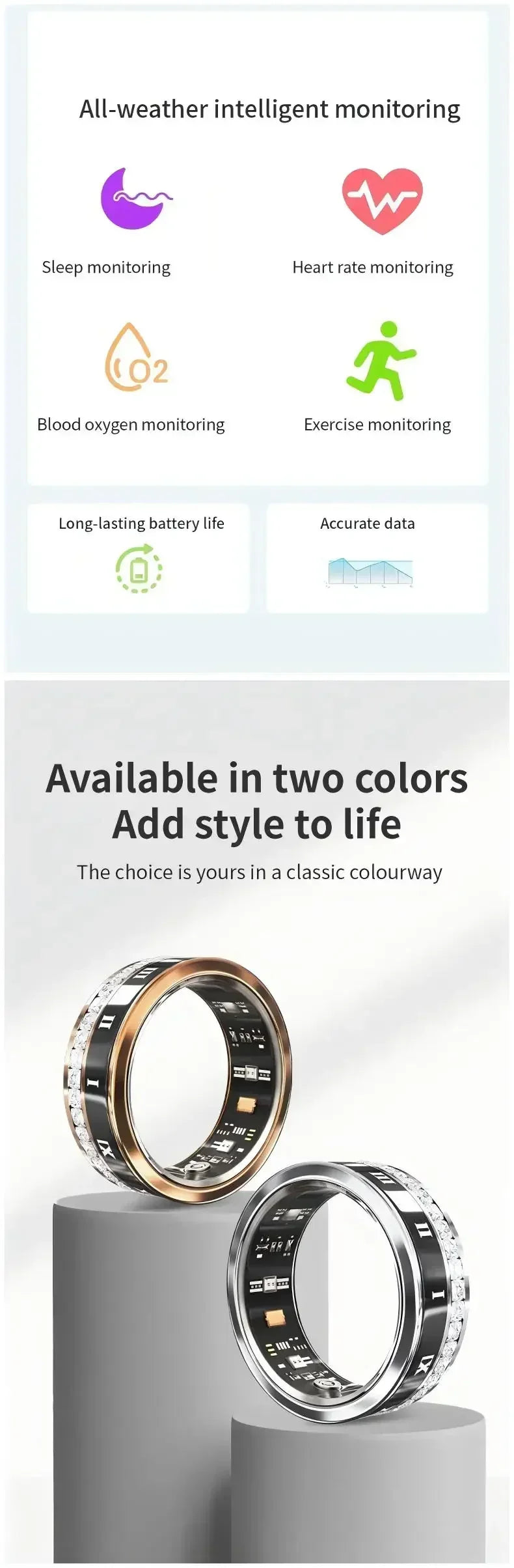 Diamond Smart Ring for Men Women Heart Rate Blood Oxygen Sleep monitoring IP68 Waterproof Sport Modes Ring For Android IOS