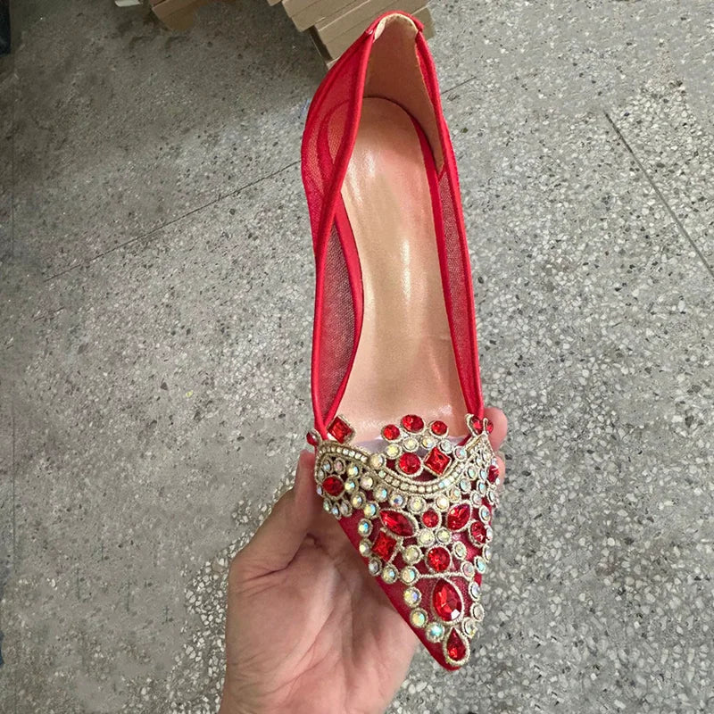 New Design Red Diamond Sexy 12cm 10cm Woman High Heels Pointed Toe Shallow Stilettos Pumps Lace Breathable Wedding Party Shoes
