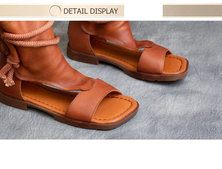 Birkuir High Top Open Toe Sandals For Women Summer Boots Luxury Hollow Out Beach Sandals Genuine Leather Flats Shoes Ladies