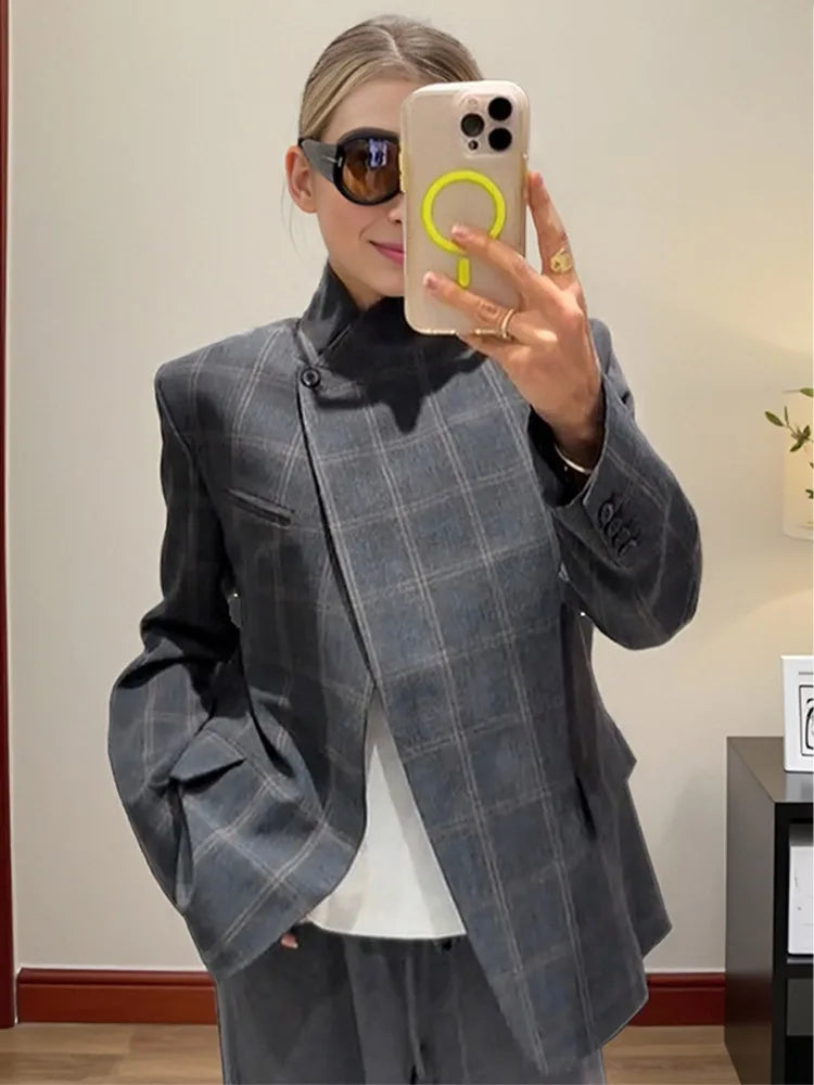 Irregular Plaid Blazer Jacket Women Fashion Stand Collar Full Sleeve Split Loose Short Coat 2026 Lady Daily Commute Outerwear