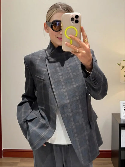 Irregular Plaid Blazer Jacket Women Fashion Stand Collar Full Sleeve Split Loose Short Coat 2026 Lady Daily Commute Outerwear