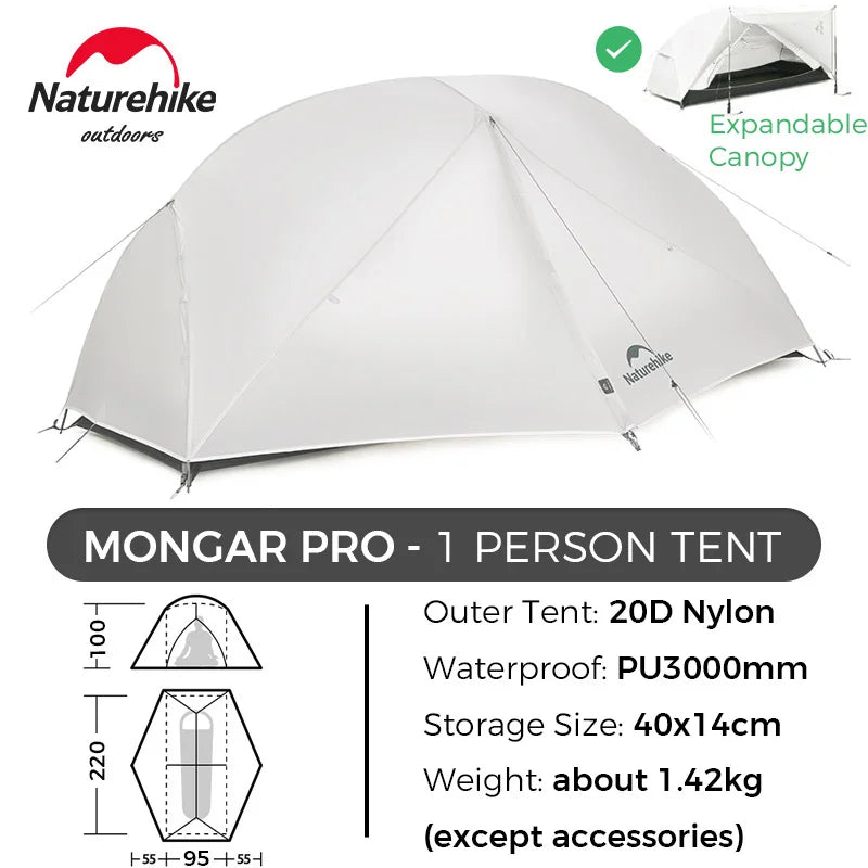 Naturehike Mongar 2 UL/PRO 1-2 Person Backpacking Tent Nylon Waterproof Ultralight Travel Trekking Shelter Tent with Footprint