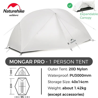 Naturehike Mongar 2 UL/PRO 1-2 Person Backpacking Tent Nylon Waterproof Ultralight Travel Trekking Shelter Tent with Footprint