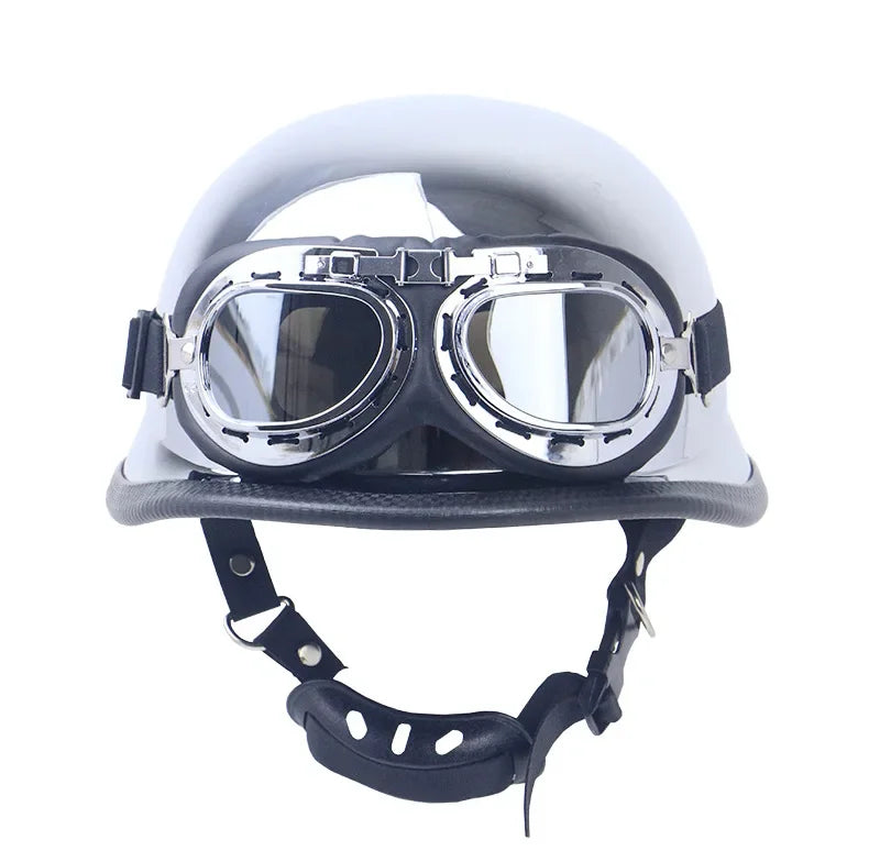DOT Chrome Silver Mirror Color Motorcycle Helmet German Motorcycle Half Helmet Chopper Biker Pilot Helmet with Free Goggle