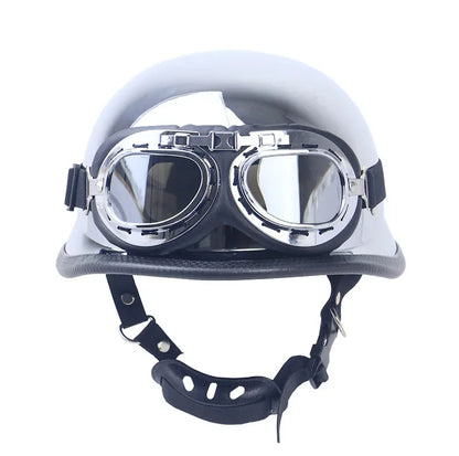 DOT Chrome Silver Mirror Color Motorcycle Helmet German Motorcycle Half Helmet Chopper Biker Pilot Helmet with Free Goggle