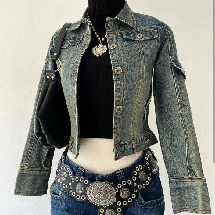 Y2K Light Blue Harajuku Sexy Slim Fit Denim Jacket Women Clothing  Goth Punk Collar Short Zip Up Jacket Multi Pockets Denim Coat