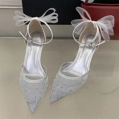 Eilyken Spring Sexy Crystal Mesh Bowknot Pumps Women Pointed Toe Buckle Strap Sandals Thin Heels Party Shoes Zapatos Mujer