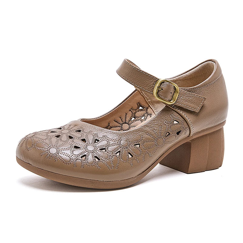 DIMANYU Women Floral Hollow Mary Jane Shoes Genuine Leather Mid Heel Summer Comfort Mother Shoes Ladies Dress Sandals