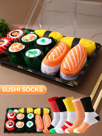 5 pairs of fashionable, unique and interesting sushi personalized patterns,men's and women's gift socks suitable for all seasons