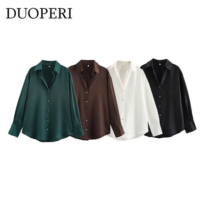 DUOPERI Women Fashion Satin Brown Blouse Lapel Neck Long Sleeves Vintage Female Chic Lady Shirts