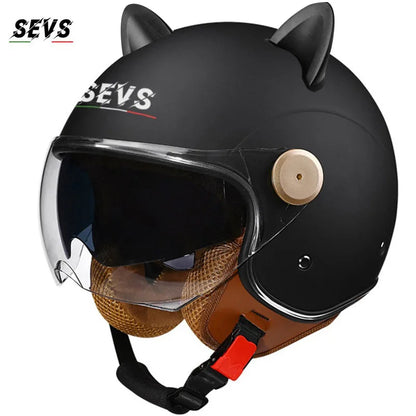 Motorcycle Helmet Retro 3C & DOT Certified Half Face ABS Helmet Dual Visor Hidden Sun Shield Removable Cute Cat Ears