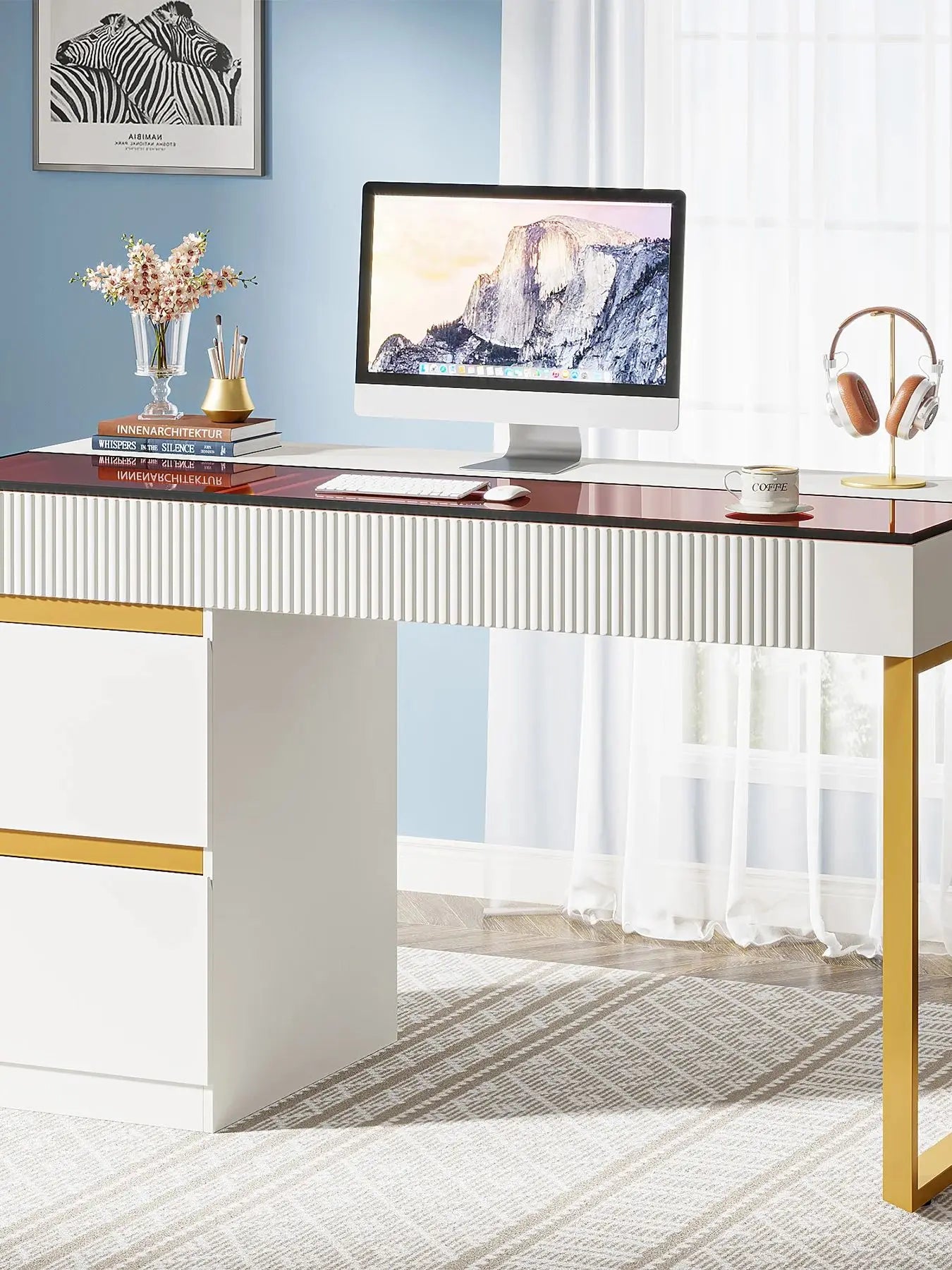 Tribesigns Computer Desk with 4 Drawers, 47 Inch Modern Home Office Desk with Glass Top, White and Gold Writing Workstation Desk