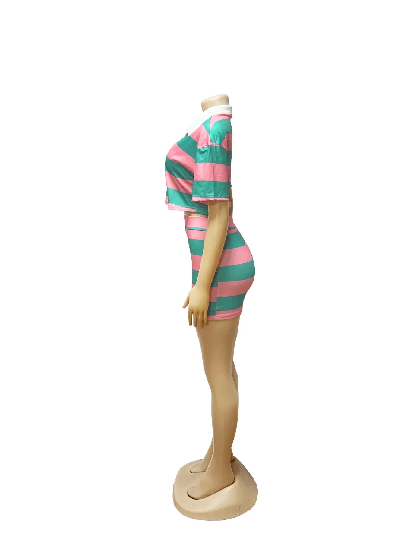 Fashionable Women's Stripe Color Block Shortie Set TW683-1 Bicolor Collar Crop Top with Skirt Polyester Fiber Knee-Length